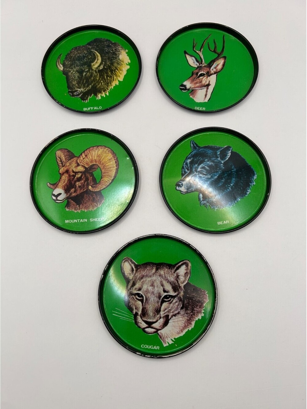 drink coasters North American wildlife Green 1960s-1970s rolled black rims Deer